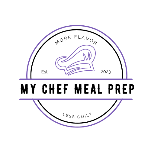 my chef meal prep logo original black with purple circle chef hat and name of brand
